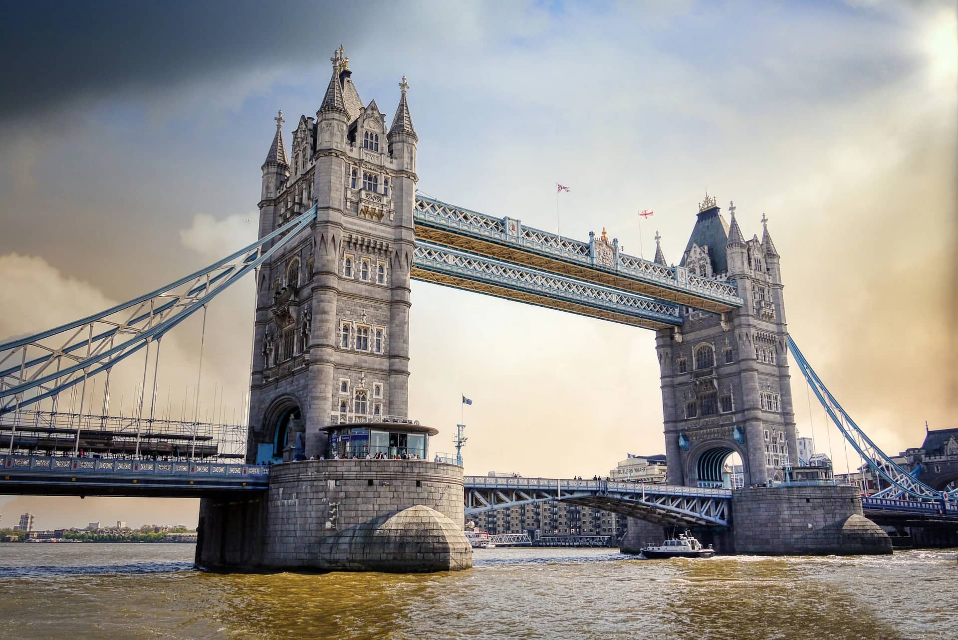 Tower Bridge and Thames waterfront in London at dusk